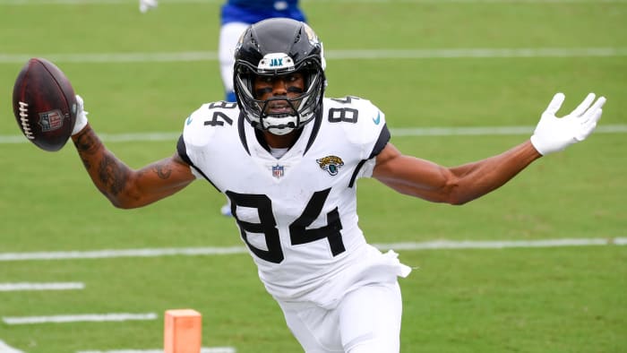 Jacksonville Jaguars wide receiver Keelan Cole scores what proved to be the game-winning touchdown on a fourth-quarter pass play in Sunday's 27-20 home win over the Indianapolis Colts.